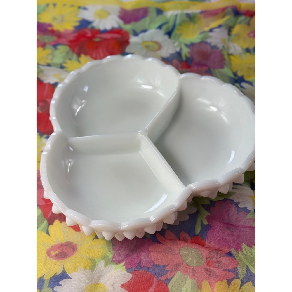 Vintage Fenton Milk Glass Hobnail Clover Divided Dish 3 Section Serving Bowl 7"